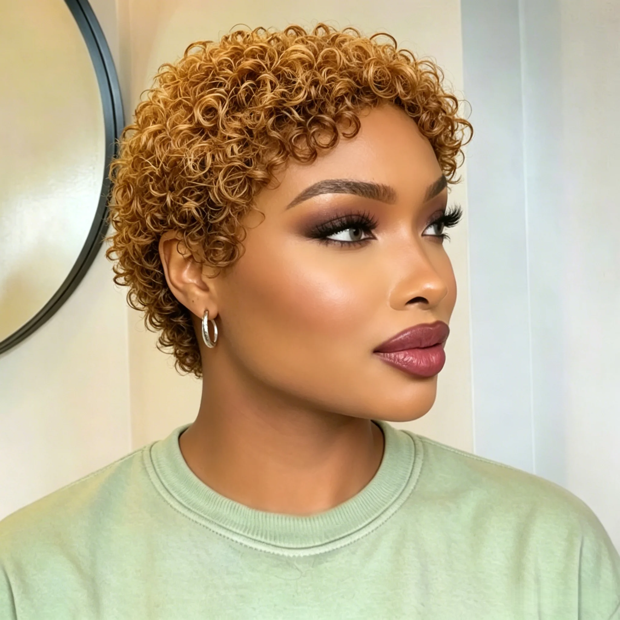 Honey Blonde Short Curly Brazilian Human Hair Wig Pixie Style Tight Curls Full Machine Made Wig
Honey Blonde Short Curly Brazilian Human Hair Wig Pixie Style Tight Curls Full Machine Made Wig