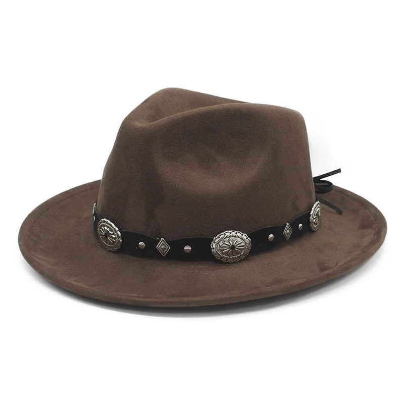 Vintage Brown Western Cowboy Hat New Style Curled Edge Suede Fedora Tibetan Style Couple's Gentleman Hat
Vintage Brown Western Cowboy Hat New Style Curled Edge Suede Fedora Tibetan Style Couple's Gentleman Hat