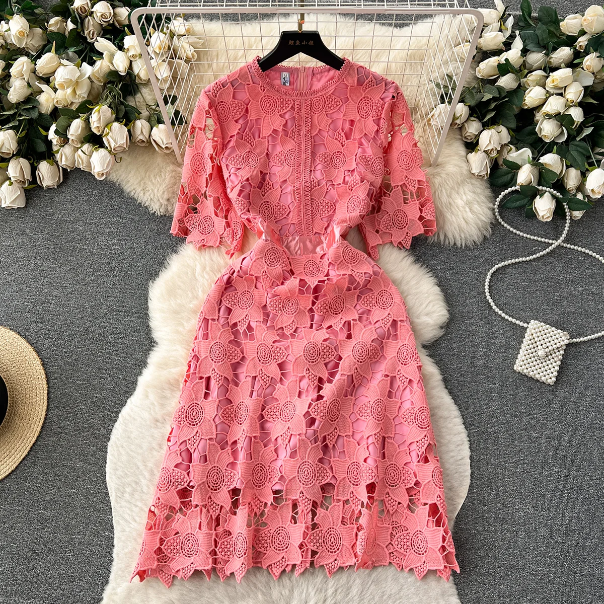 Fashion Elegant Cutwork Embroidery Lace Dress Round Neck Short Sleeve Wedding Guest Party Midi Dresses For Women Clothing 2023
Fashion Elegant Cutwork Embroidery Lace Dress Round Neck Short Sleeve Wedding Guest Party Midi Dresses For Women Clothing 2023