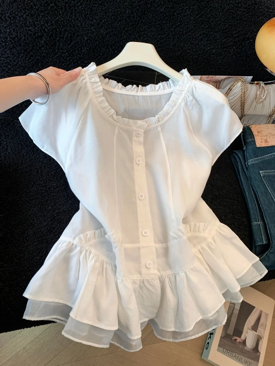 French Style Short Sleeve Shirt Women's Gathered Waist Top Single Button Splice Sweet Summer New Arrival Ladies' Blouse
French Style Short Sleeve Shirt Women's Gathered Waist Top Single Button Splice Sweet Summer New Arrival Ladies' Blouse