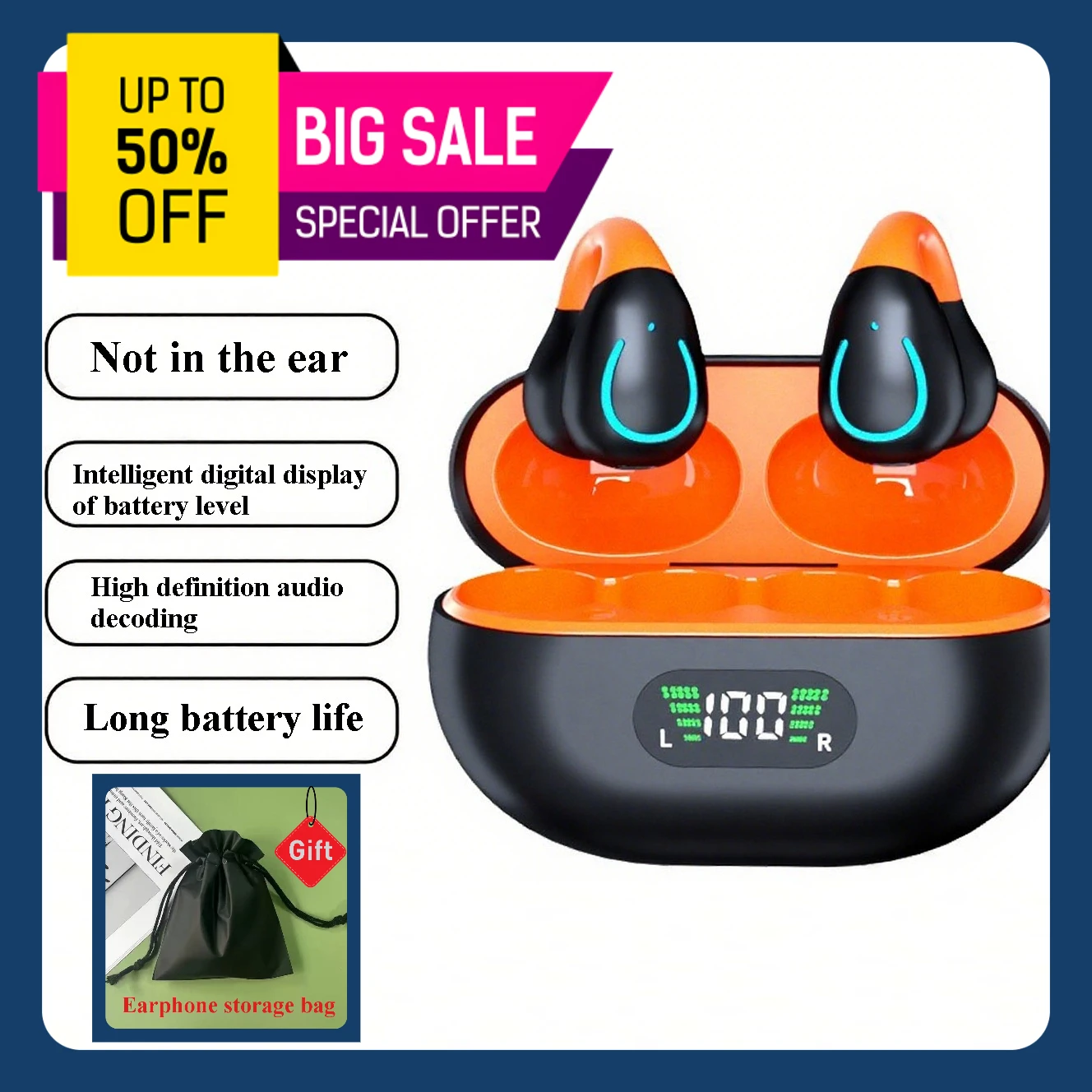 Wireless Bluetooth earphones non bone conduction non in ear ultra long battery life ear clip on earphones bluetooth headphones
Wireless Bluetooth earphones non bone conduction non in ear ultra long battery life ear clip on earphones bluetooth headphones