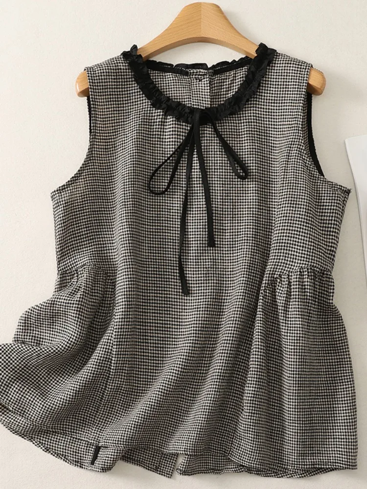 Summer Casual Style Color Woven Plaid Cotton Linen Ruffle Collar Shirt Women's Doll Shirt Back Button up Sleeveless Vest
Summer Casual Style Color Woven Plaid Cotton Linen Ruffle Collar Shirt Women's Doll Shirt Back Button up Sleeveless Vest
