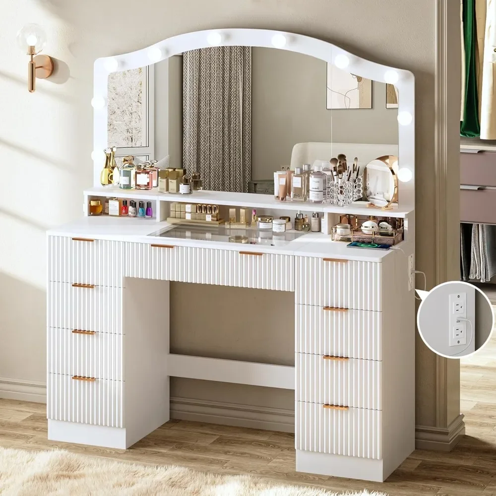 Makeup Vanity Desk with Glass Top&Power Outlet, 9 Drawers,3 Colors Lighting, 46" Fluted Vanity Desk with Large Mirror and Lights
Makeup Vanity Desk with Glass Top&Power Outlet, 9 Drawers,3 Colors Lighting, 46" Fluted Vanity Desk with Large Mirror and Lights