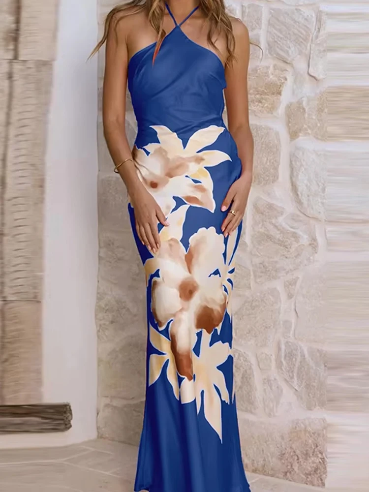 Women Sexy Halter Sleeveless Holiday Dress Elegant Hight Waist Backless Long Dress Fashion Flower Print Slim Satin Party Dresses
Women Sexy Halter Sleeveless Holiday Dress Elegant Hight Waist Backless Long Dress Fashion Flower Print Slim Satin Party Dresses
