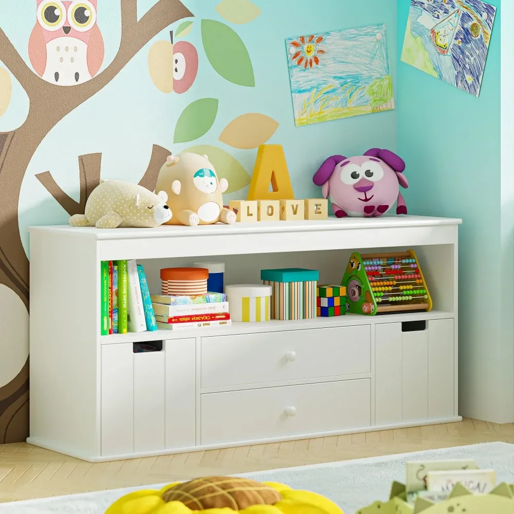 White 51.9" Kids Toy Storage Cabinet with 4 Drawers, Heavy Duty Toy Chest Bookshelves for Children's Playroom Bedroom
White 51.9" Kids Toy Storage Cabinet with 4 Drawers, Heavy Duty Toy Chest Bookshelves for Children's Playroom Bedroom