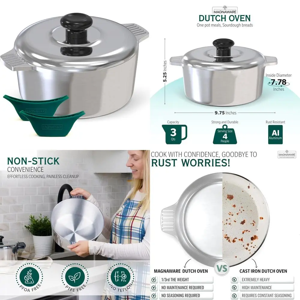 3-Quart Cast Aluminum Dutch Oven with Silicone Lid for Easy Handling, Even Heat Distribution, Ideal for Baking and Cooking
3-Quart Cast Aluminum Dutch Oven with Silicone Lid for Easy Handling, Even Heat Distribution, Ideal for Baking and Cooking