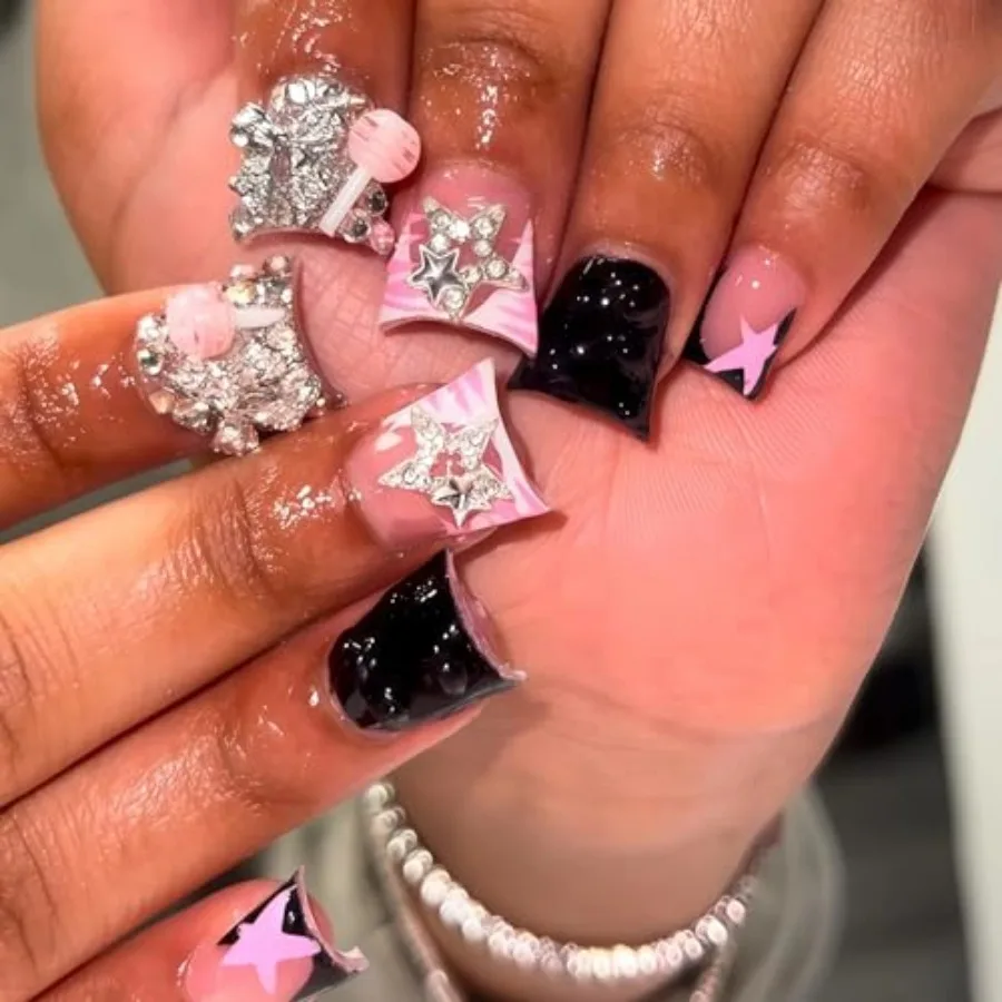 Duck nails Press on Short Fake Nails - Black Pink, 3D Handmade Design, Zebra Y2k French Tip Acrylic, Star Bow Charm Bling, 24Pc
Duck nails Press on Short Fake Nails - Black Pink, 3D Handmade Design, Zebra Y2k French Tip Acrylic, Star Bow Charm Bling, 24Pc