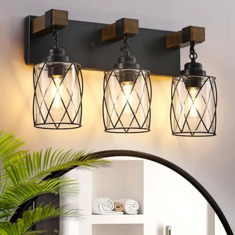 Farmhouse Bathroom Light Fixtures, 3 Light Bathroom Vanity Light with Metal and Glass Lampshade, Wood Rustic Lighting Fixtures
Farmhouse Bathroom Light Fixtures, 3 Light Bathroom Vanity Light with Metal and Glass Lampshade, Wood Rustic Lighting Fixtures