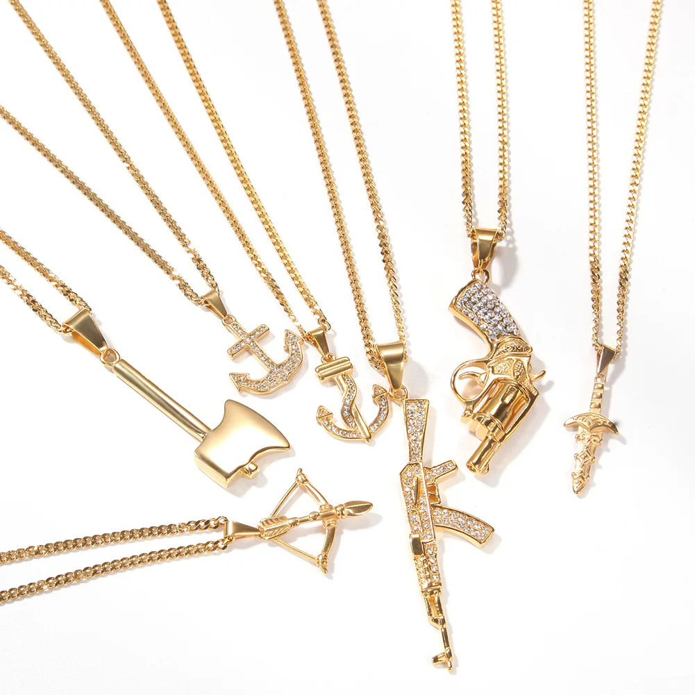 Hip Hop Gold Color Stainless Steel Crossbow Axe Gun Anchor Pendants Necklaces for Men Rapper Jewelry Drop Shipping
Hip Hop Gold Color Stainless Steel Crossbow Axe Gun Anchor Pendants Necklaces for Men Rapper Jewelry Drop Shipping