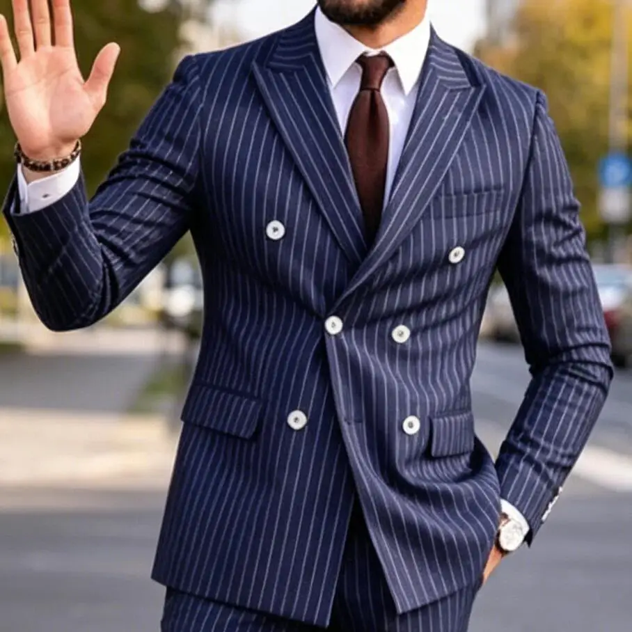 New Navy Blue Striped Men Suits Double Breasted Wedding Groom Groomsmen Suit Male High-End 2 Piece Business Casual Man Clothing
New Navy Blue Striped Men Suits Double Breasted Wedding Groom Groomsmen Suit Male High-End 2 Piece Business Casual Man Clothing