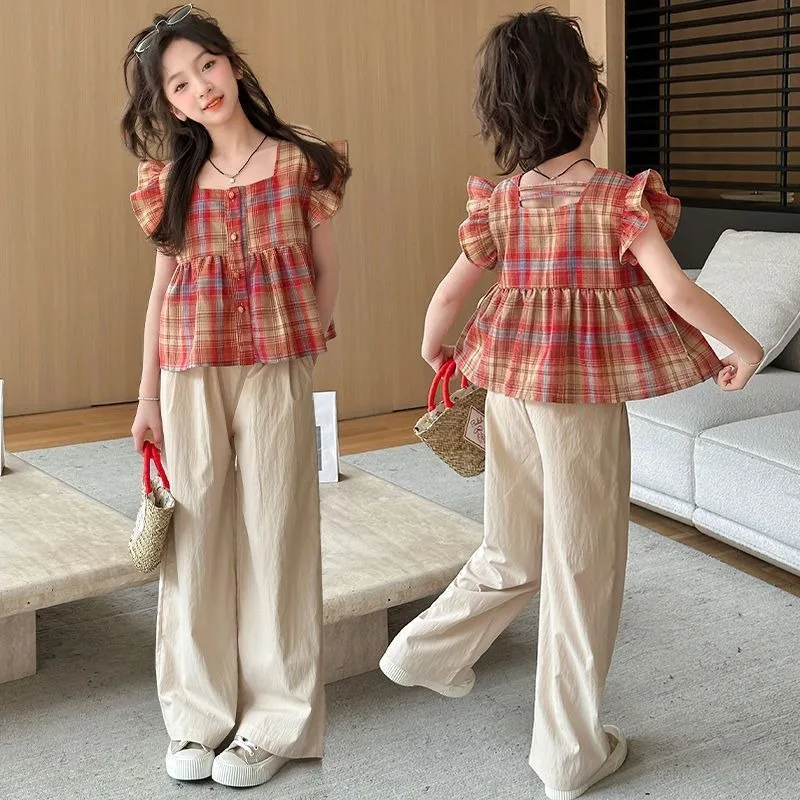 Милые детские комплекты одежды для девочек, летние свободные клетчатые футболки с короткими рукавами + широкие брюки, 2 шт., детская одежда для подростков 6, 8, 10, 12, 14 лет 
Милые детские комплекты одежды для девочек, летние свободные клетчатые футболки с короткими рукавами + широкие брюки, 2 шт., детская одежда для подростков 6, 8, 10, 12, 14 лет