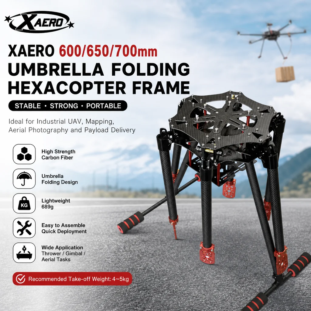 XAERO 600 650 700mm Umbrella Folding Hexacopter Frame with Skid Gimbal for Thrower UAV
XAERO 600 650 700mm Umbrella Folding Hexacopter Frame with Skid Gimbal for Thrower UAV