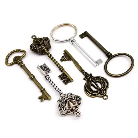 5pcs Retro Red Antique Brass Vintage Silver Old Looking Archaistic Decorative Key Steampunk Charms Pendant Jewelry Making DIY