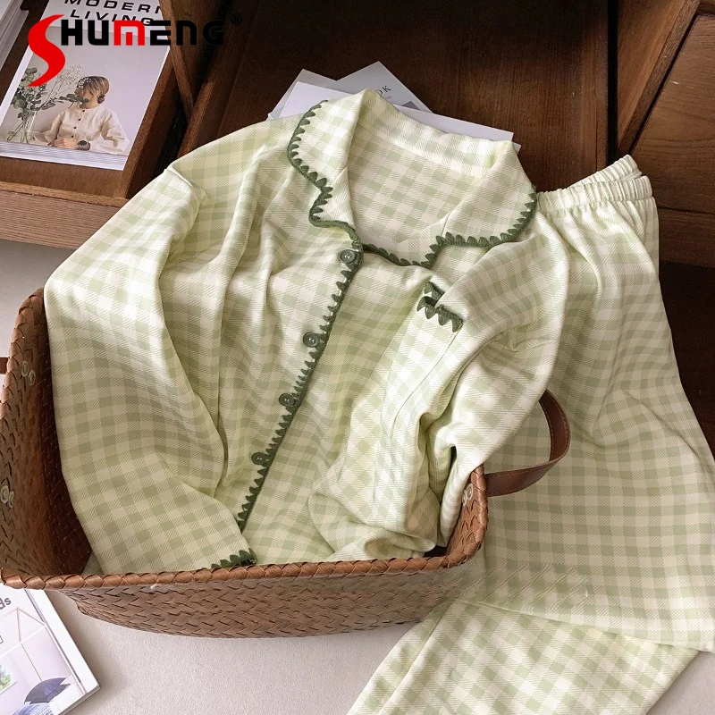 Green Plaid Pajamas Set for Women Spring Autumn Cotton Simple Ins Style Underwear Female Japanese Long Sleeve Homewear Suits
Green Plaid Pajamas Set for Women Spring Autumn Cotton Simple Ins Style Underwear Female Japanese Long Sleeve Homewear Suits