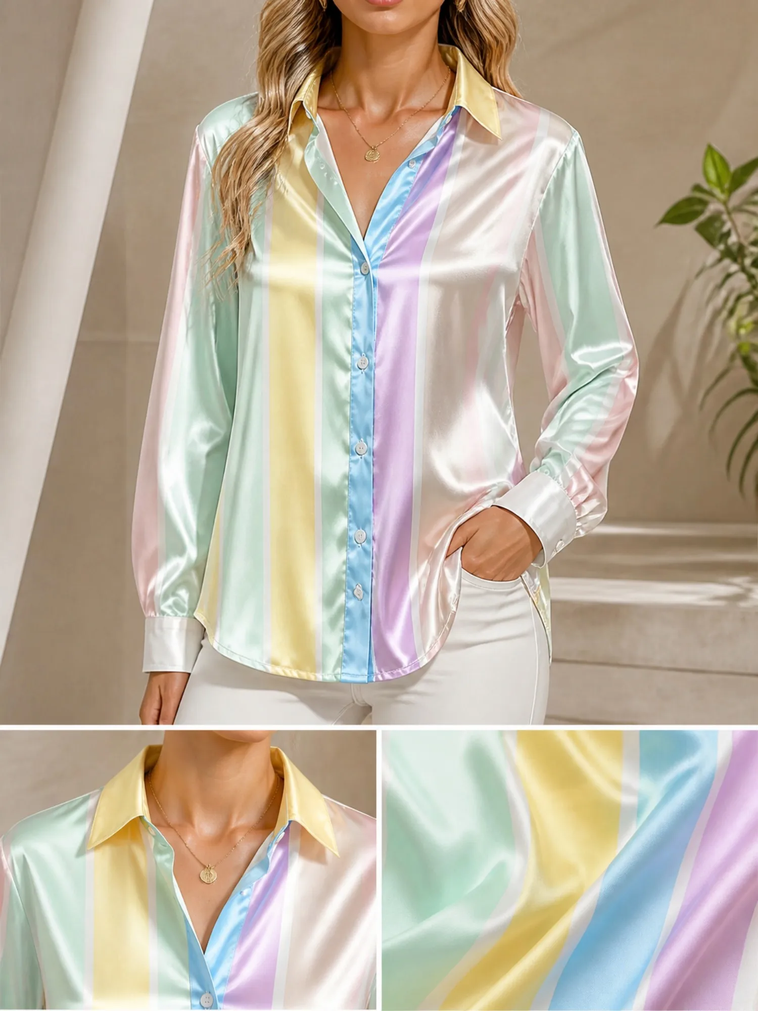 Pastel Rainbow Stripe Satin Blouse for Women Long Sleeve Button Down Shirt Spring Office Party Elegant Silky Fashion Top Stylish
Pastel Rainbow Stripe Satin Blouse for Women Long Sleeve Button Down Shirt Spring Office Party Elegant Silky Fashion Top Stylish