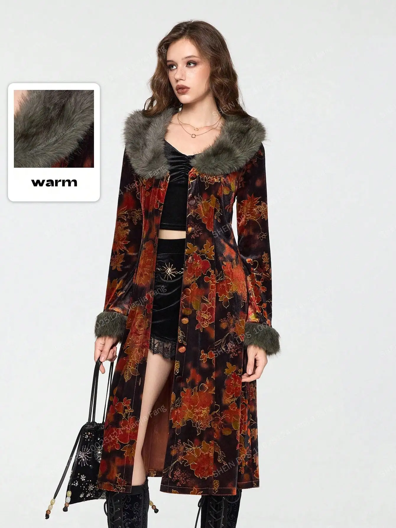Vintage Floral Velvet Coat with Faux Fur Collar for Women, Warm Autumn Winter Outerwear
Vintage Floral Velvet Coat with Faux Fur Collar for Women, Warm Autumn Winter Outerwear