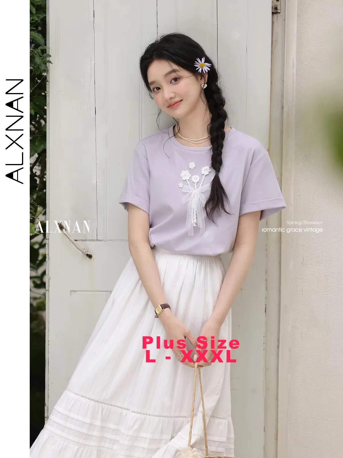 ALXNAN Plus Size Women's T-shirt Purple Cotton Short Sleeve T-shirt 2025 Summer Elegant Lace Flower Design Style Clothes D09988
ALXNAN Plus Size Women's T-shirt Purple Cotton Short Sleeve T-shirt 2025 Summer Elegant Lace Flower Design Style Clothes D09988