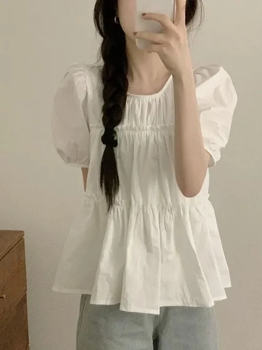 Ele Women's Loose Bubble Sve irt round Ne Pleated Top Faionable White Casual irt Anti-Aging Commute Sle
Ele Women's Loose Bubble Sve irt round Ne Pleated Top Faionable White Casual irt Anti-Aging Commute Sle