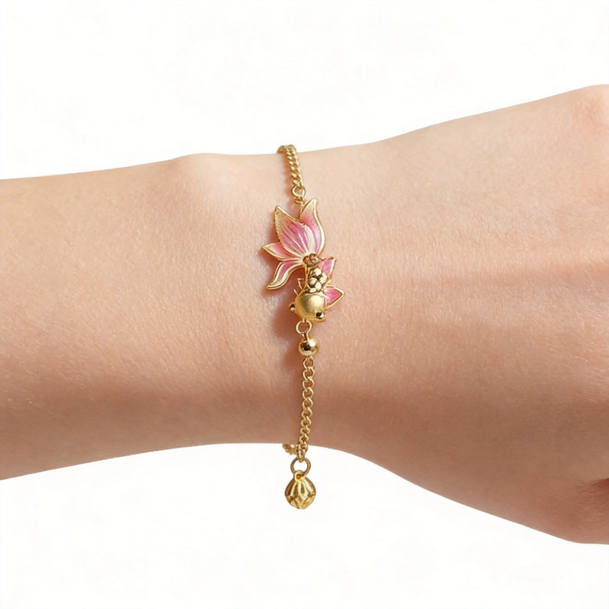 Chinese Style Good Luck Fortune Attracting Pink Enamel Koi Fish Bracelet Gold Plated Delicate Lotus Charm Adjustable Bracelet
Chinese Style Good Luck Fortune Attracting Pink Enamel Koi Fish Bracelet Gold Plated Delicate Lotus Charm Adjustable Bracelet