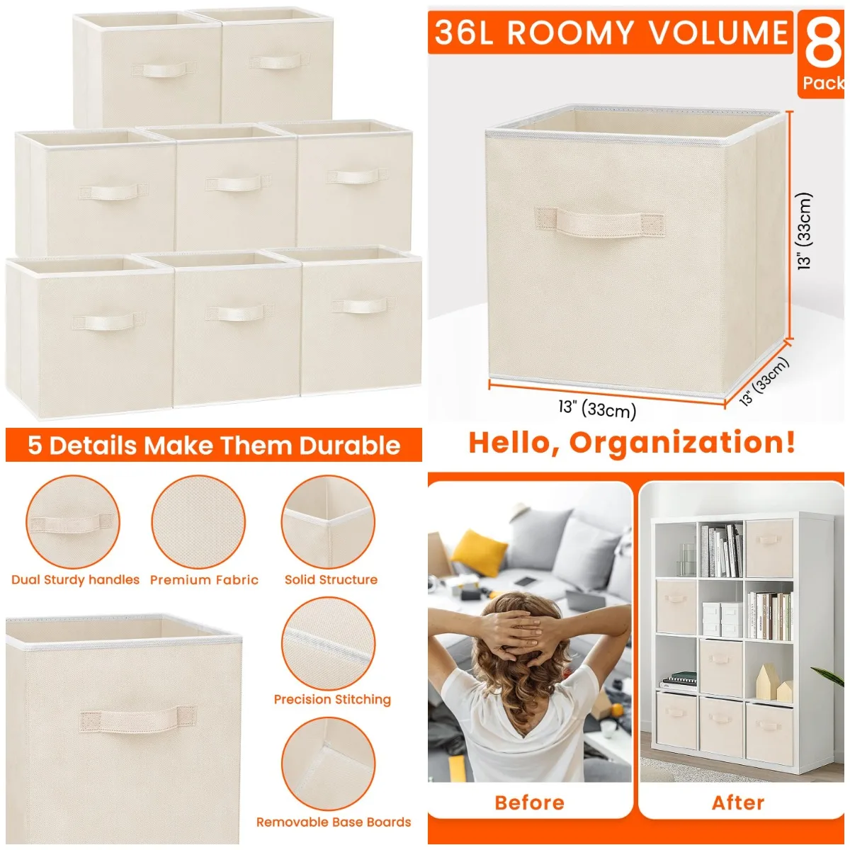 13 Inch Heavy Duty Fabric Storage Bins - 8 Pack Collapsible Cube Organizers for Closet, Shelves, Clothes, Toys (Beige)
13 Inch Heavy Duty Fabric Storage Bins - 8 Pack Collapsible Cube Organizers for Closet, Shelves, Clothes, Toys (Beige)