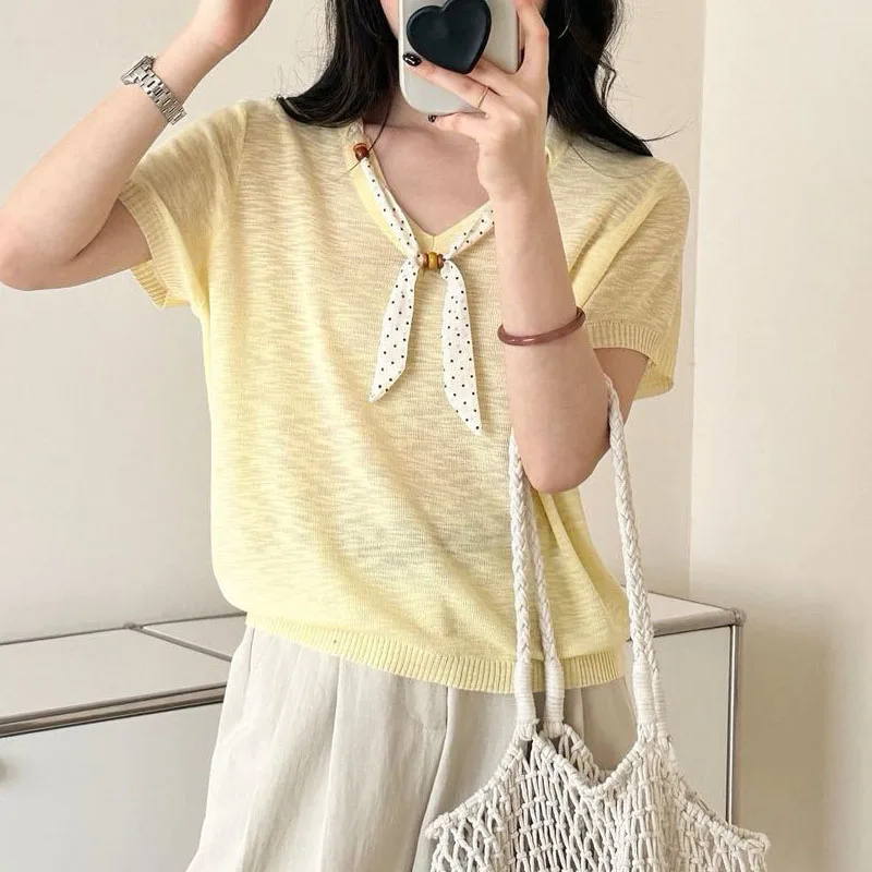 New Summer Short Sleeve Knitted Sweater Women Pullovers V-Neck Lace-up Knit Sweater Pullover Women Tops Sueters De Mujer Q5213
New Summer Short Sleeve Knitted Sweater Women Pullovers V-Neck Lace-up Knit Sweater Pullover Women Tops Sueters De Mujer Q5213