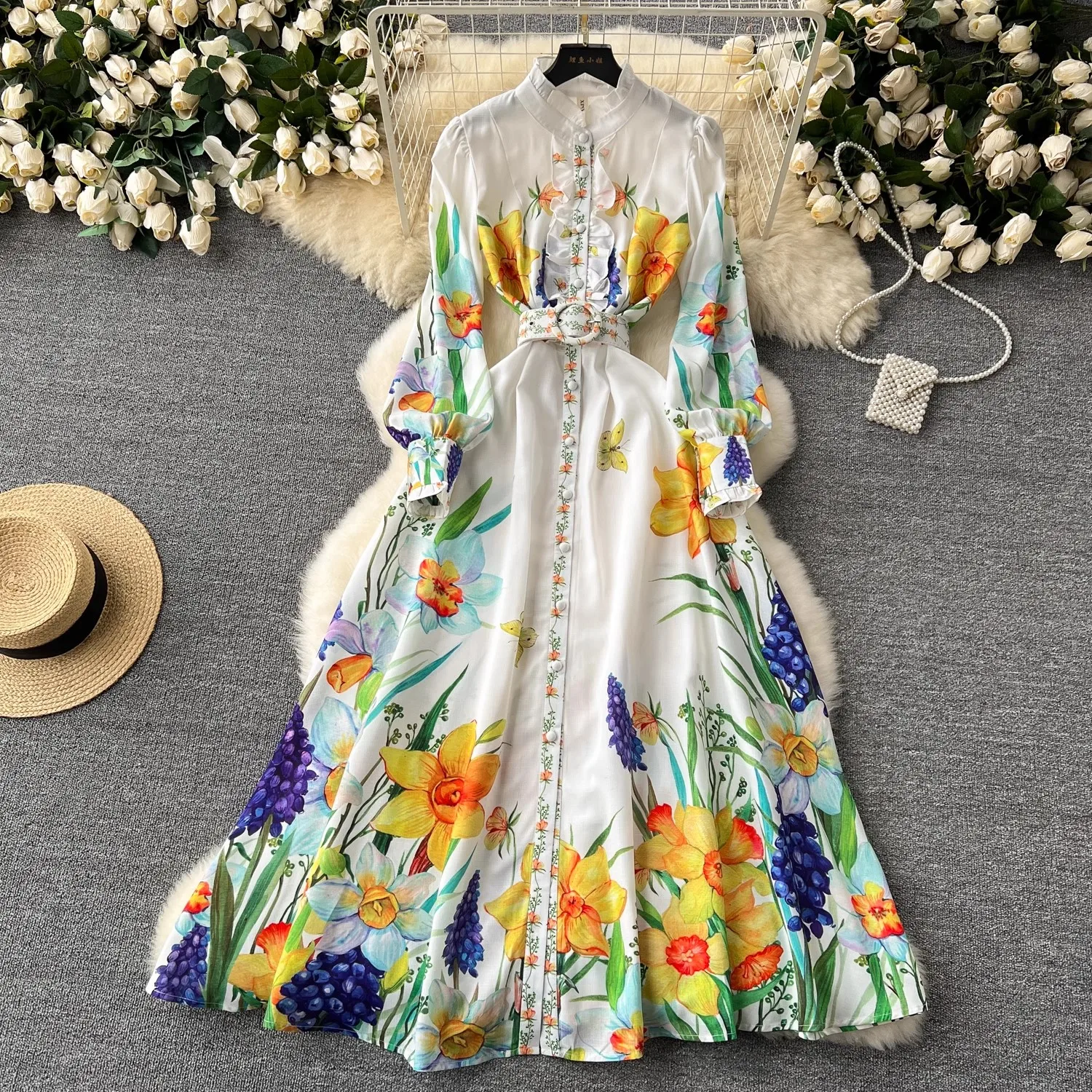 Fashion Women's Stand Long Sleeve Single Breasted Floral Print Belt Linen Maxi Dress Runway Gorgeous Flower Party Vestidos 2077
Fashion Women's Stand Long Sleeve Single Breasted Floral Print Belt Linen Maxi Dress Runway Gorgeous Flower Party Vestidos 2077