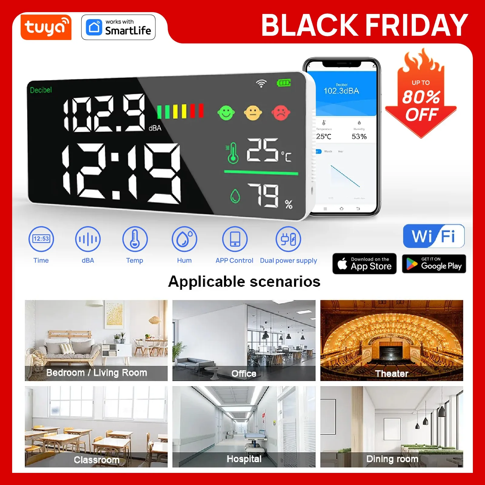 Tuya Smart WiFi Noise Meter-11'' LED Display Real-Time dB/Temp/Humidity/Time, Wall/Desktop Mount with Alarm for Home & Classroom
Tuya Smart WiFi Noise Meter-11'' LED Display Real-Time dB/Temp/Humidity/Time, Wall/Desktop Mount with Alarm for Home & Classroom