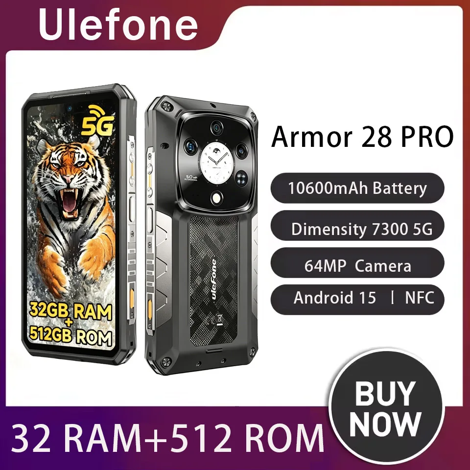 Ulefone Armor 28 Pro 5G AI Rugged Phone 512GB ROM Smartphone 120W MTK Dimensity 7300 10600mAh 6.67”AMOLED 64MP Mobile phone
Ulefone Armor 28 Pro 5G AI Rugged Phone 512GB ROM Smartphone 120W MTK Dimensity 7300 10600mAh 6.67”AMOLED 64MP Mobile phone