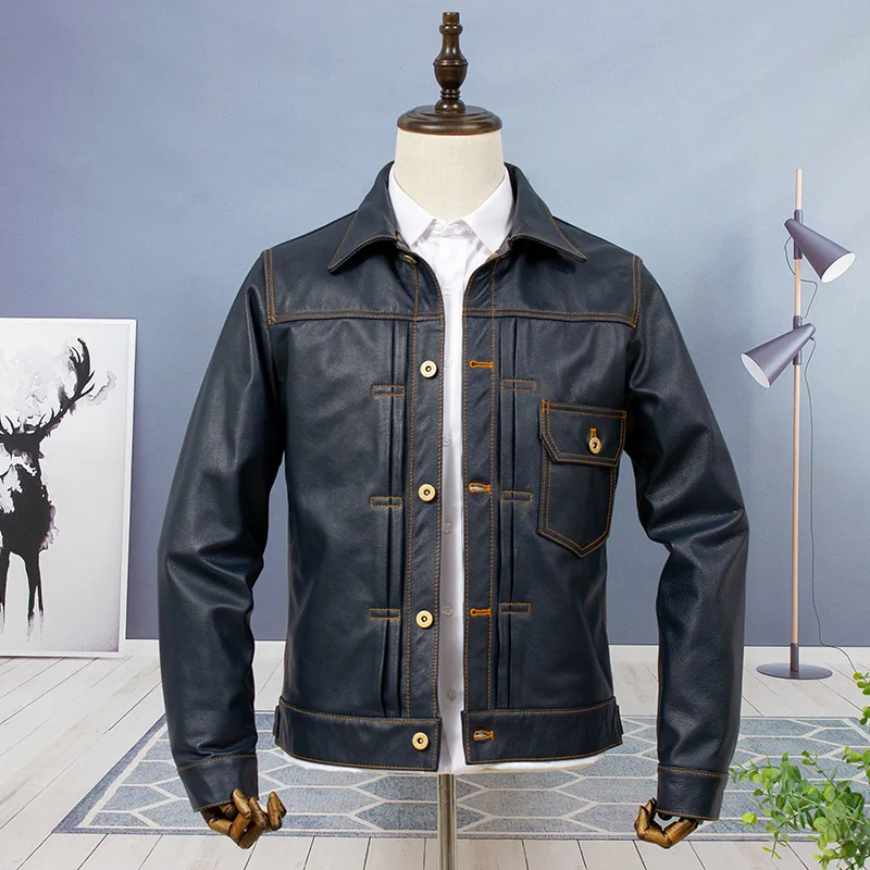 Indigo Classic 506XX Denim Style Genuine Top Layer Cowhide Leather Slim Fit Collar Jacket Youth Fashion Short Length Coat
Indigo Classic 506XX Denim Style Genuine Top Layer Cowhide Leather Slim Fit Collar Jacket Youth Fashion Short Length Coat