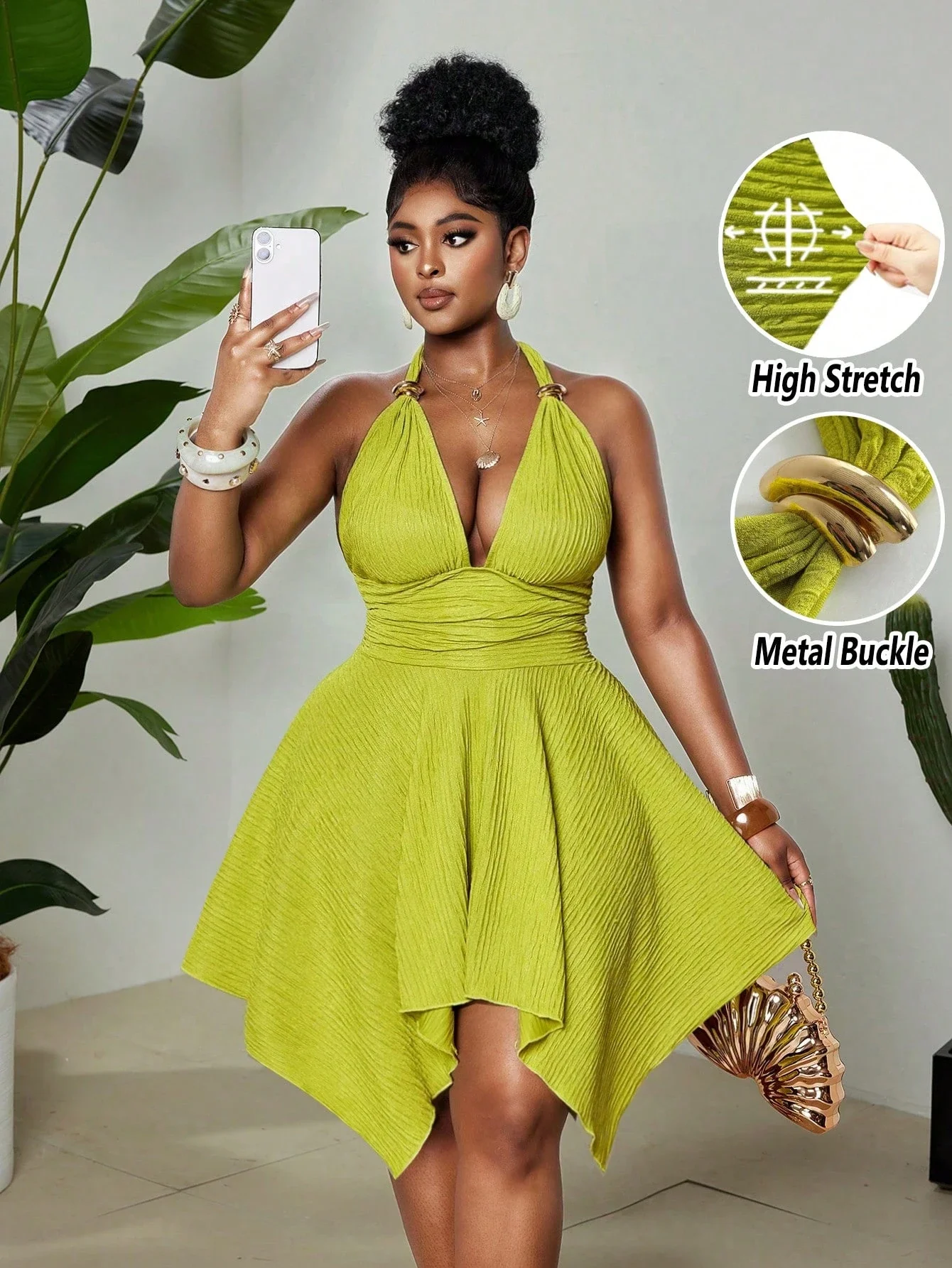 Plus Size Women's Halter Neck High Stretch Pleated Dress With Metal Buckle Asymmetric Hem
Plus Size Women's Halter Neck High Stretch Pleated Dress With Metal Buckle Asymmetric Hem