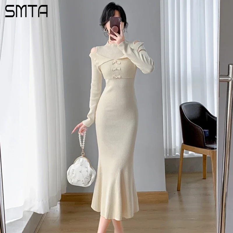 Vintage Winter 2024 Cheongsam Chinese Style Knitted Sweater Bodycon Dress for Women Clothing Off The Shoulder Bow Mermaid Dress
Vintage Winter 2024 Cheongsam Chinese Style Knitted Sweater Bodycon Dress for Women Clothing Off The Shoulder Bow Mermaid Dress