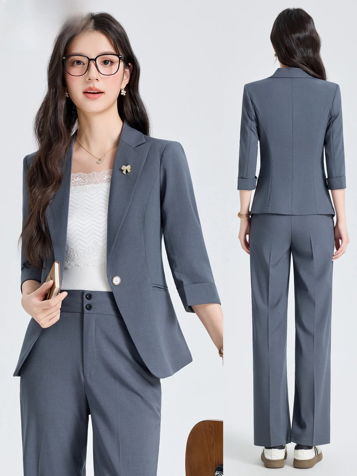 Gray Suit Set Women's Summer Thin Medium Sleeve Professional Formal Outerwear Fashionable Commute Style Slim Fit Polyester Fiber
Gray Suit Set Women's Summer Thin Medium Sleeve Professional Formal Outerwear Fashionable Commute Style Slim Fit Polyester Fiber