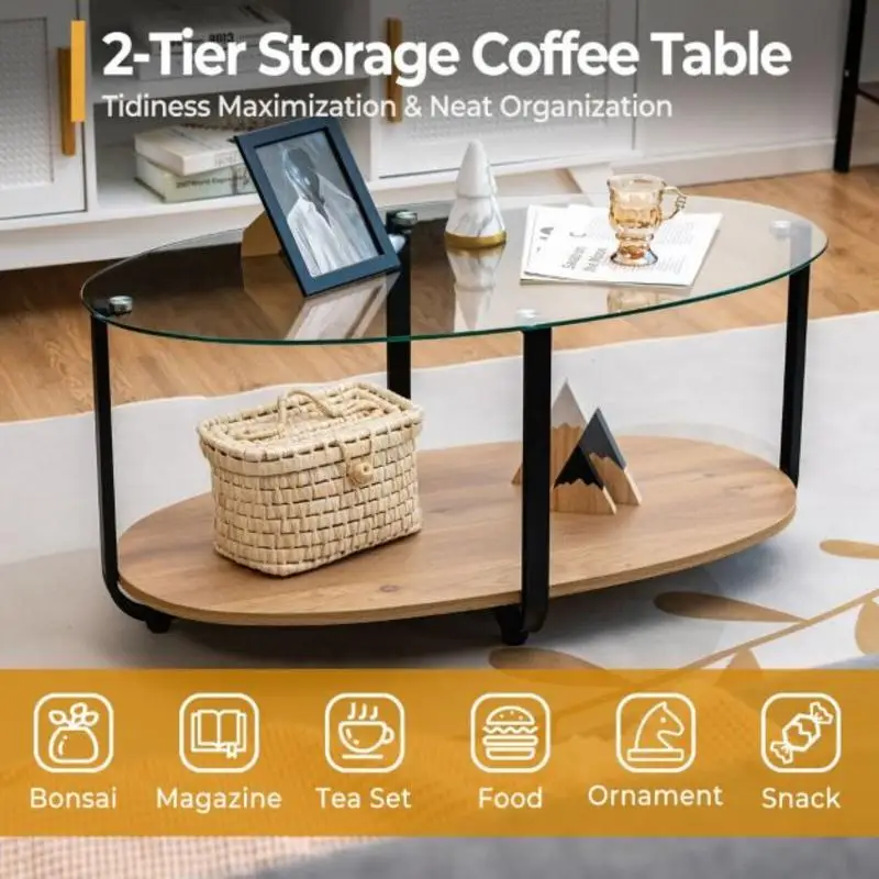 2-Tier Glass-Top Oval Coffee Table with Wooden Shelf for Living Room
2-Tier Glass-Top Oval Coffee Table with Wooden Shelf for Living Room