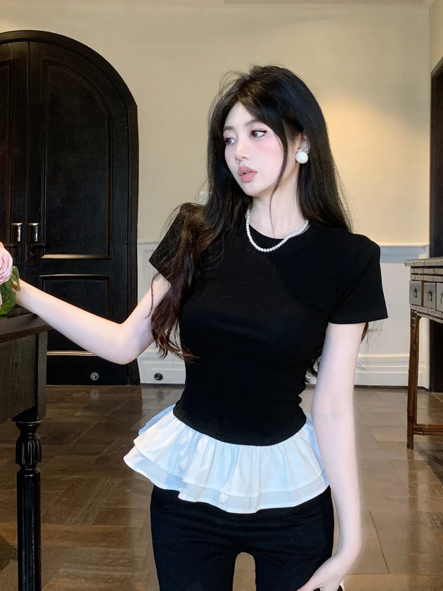 Elegant Korean Style Short Sleeve T-Shirt Women's Slim Fit Contrast Color Splicing Fashionable Summer New Style Shoulder Length
Elegant Korean Style Short Sleeve T-Shirt Women's Slim Fit Contrast Color Splicing Fashionable Summer New Style Shoulder Length