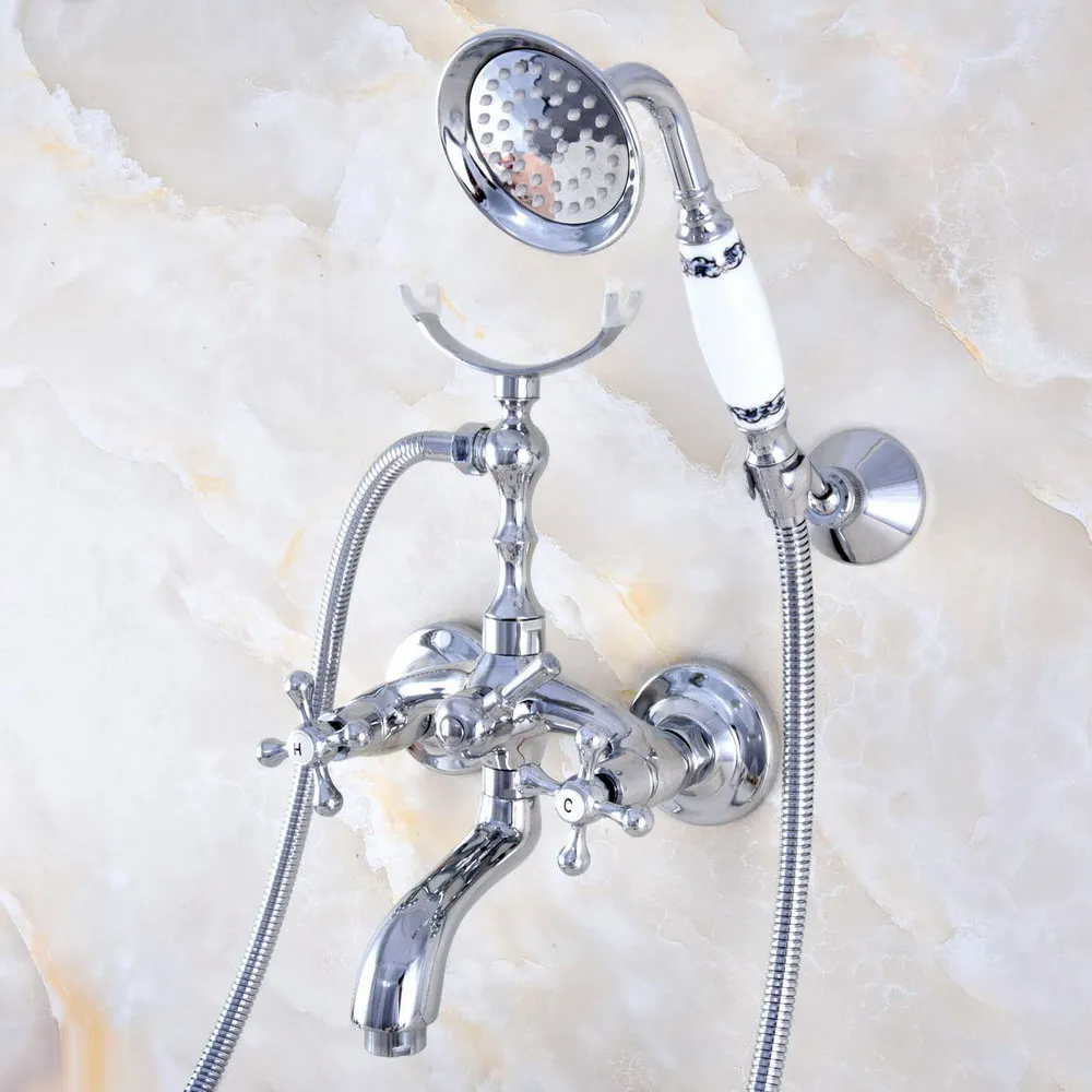 Silver Chrome Brass Double Handle Wall Mounted Bathroom Tub Faucet Set with 1.5M Hand Held Shower Spray Mixer Tap 2na764
Silver Chrome Brass Double Handle Wall Mounted Bathroom Tub Faucet Set with 1.5M Hand Held Shower Spray Mixer Tap 2na764