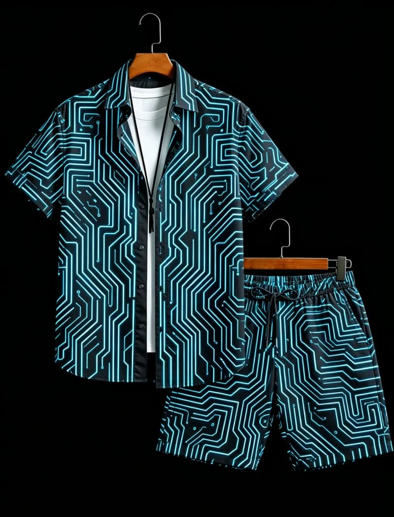 Men's technology line style vacation set, short sleeved shirt and shorts, minimalist design style, summer casual street wear
Men's technology line style vacation set, short sleeved shirt and shorts, minimalist design style, summer casual street wear