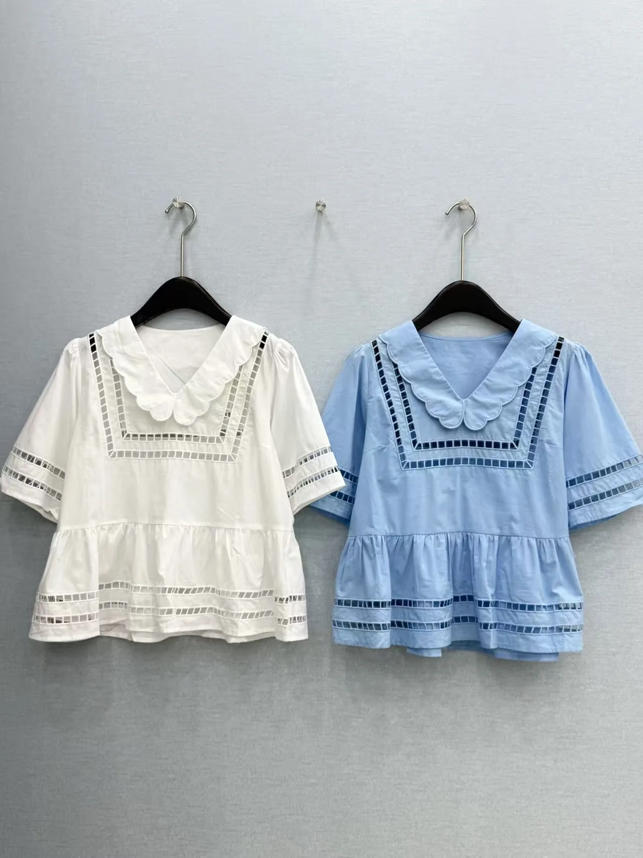 High quality summer new product hollowed out doll collar ruffled short sleeved shirt top
High quality summer new product hollowed out doll collar ruffled short sleeved shirt top