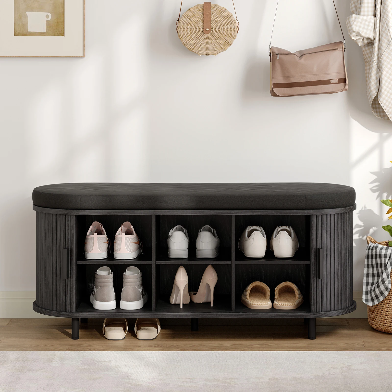 Fluted Shoe Bench with Storage, 43" Shoe Storage Bench with Cushion, Sliding Door for Entryway, Hallway, Black
Fluted Shoe Bench with Storage, 43" Shoe Storage Bench with Cushion, Sliding Door for Entryway, Hallway, Black