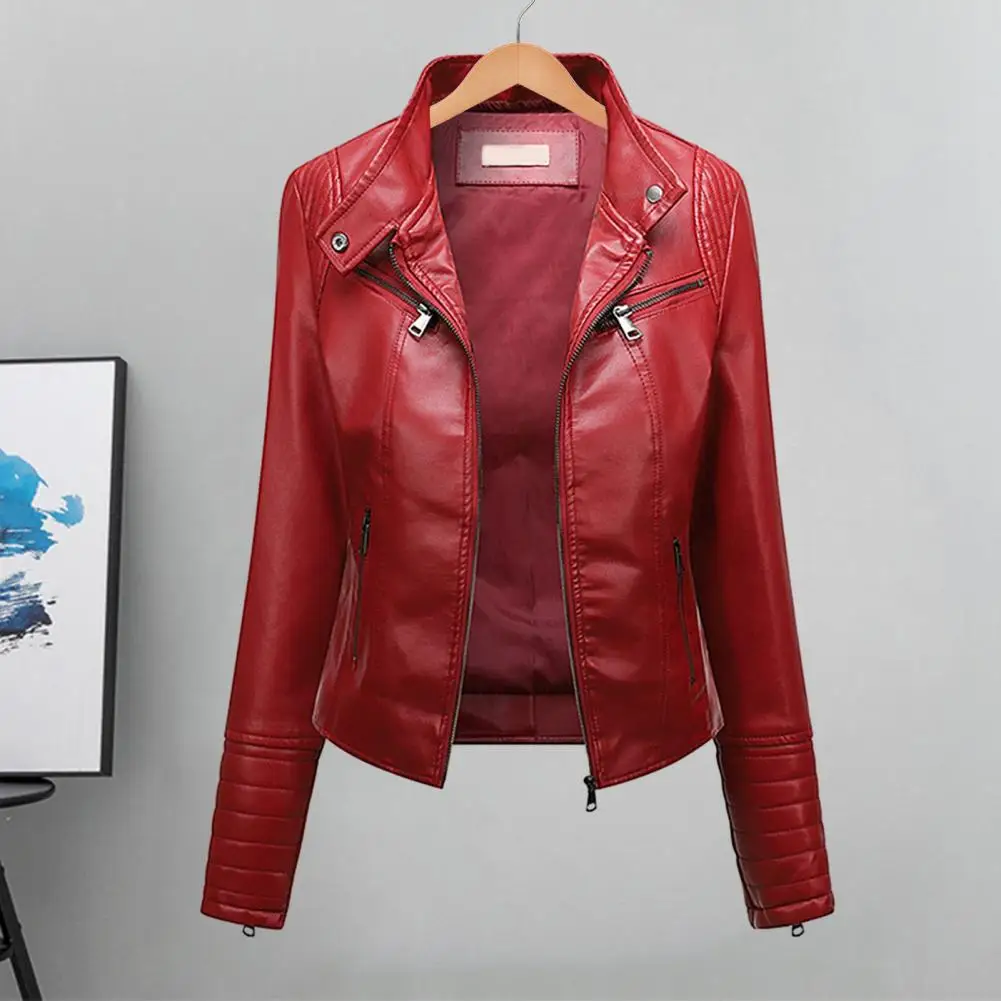 Women Solid Color Jacket Stylish Women's Slim Fit Faux Leather Biker Jacket with Stand Collar Long Sleeves for Fashionable
Women Solid Color Jacket Stylish Women's Slim Fit Faux Leather Biker Jacket with Stand Collar Long Sleeves for Fashionable