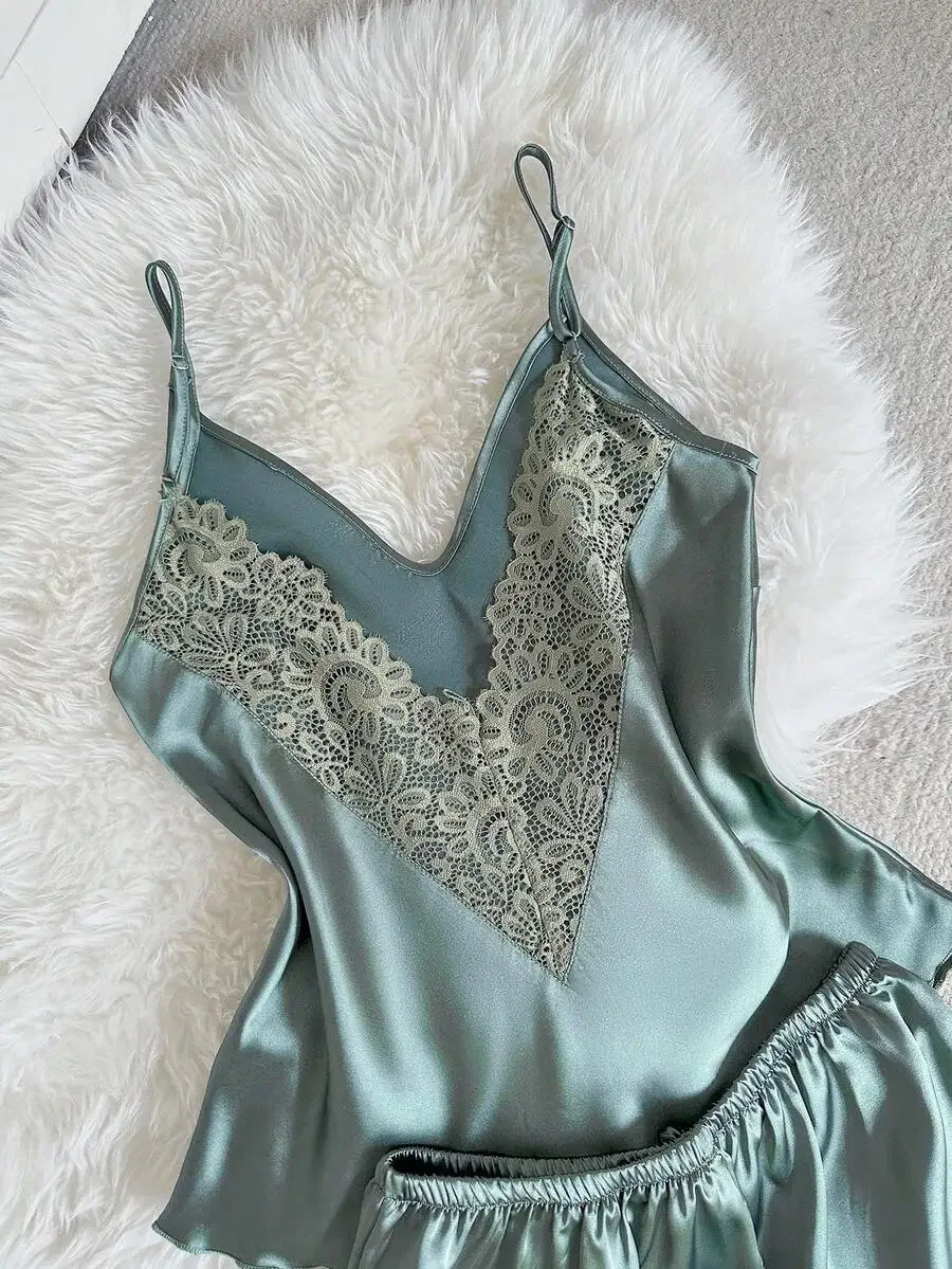 Sage Green Satin Lace Trim Camisole And Shorts Pajama Set Women Sleepwear
Sage Green Satin Lace Trim Camisole And Shorts Pajama Set Women Sleepwear