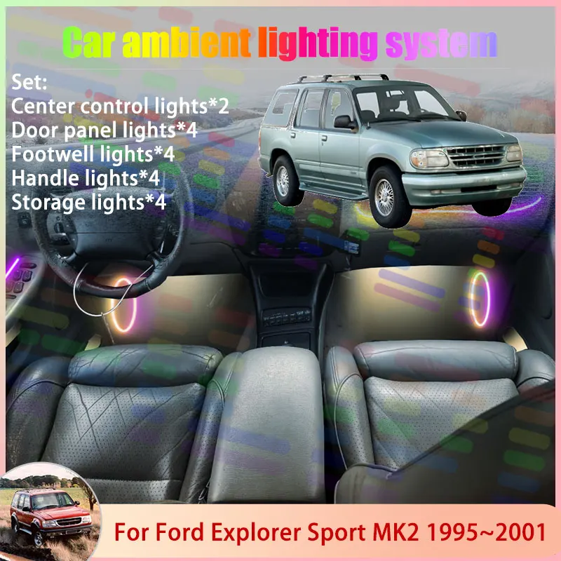 Для Ford Explorer Sport UN105 150 MK2 1995 ~ 2001 2/18 в 1, автомобильная атмосферная лампа, RGB абажур, ансамбль, стример, атмосферный набор 
Для Ford Explorer Sport UN105 150 MK2 1995 ~ 2001 2/18 в 1, автомобильная атмосферная лампа, RGB абажур, ансамбль, стример, атмосферный набор
