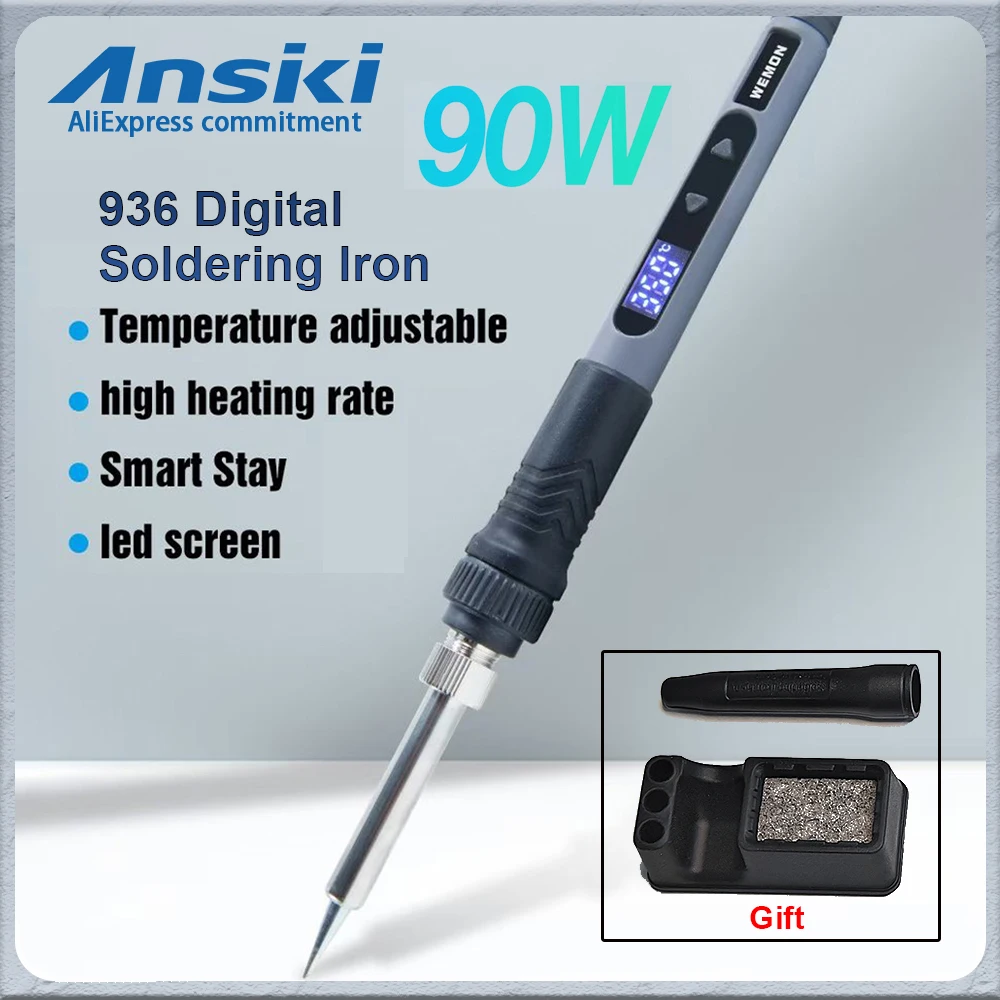 Ansiki 936 Digital Display Soldering Iron 90W rapid heating 120~550℃ Adjustable 900M Series Tips for DIY Welding repair tools
Ansiki 936 Digital Display Soldering Iron 90W rapid heating 120~550℃ Adjustable 900M Series Tips for DIY Welding repair tools