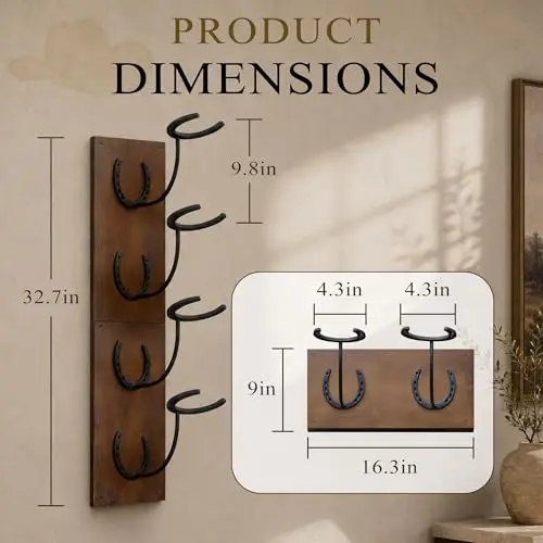 Rustic Dark Brown Wooden Wall Hat Rack With Four Metal Horseshoe Hooks For Western Cowboy Hat Storage And Organization
Rustic Dark Brown Wooden Wall Hat Rack With Four Metal Horseshoe Hooks For Western Cowboy Hat Storage And Organization