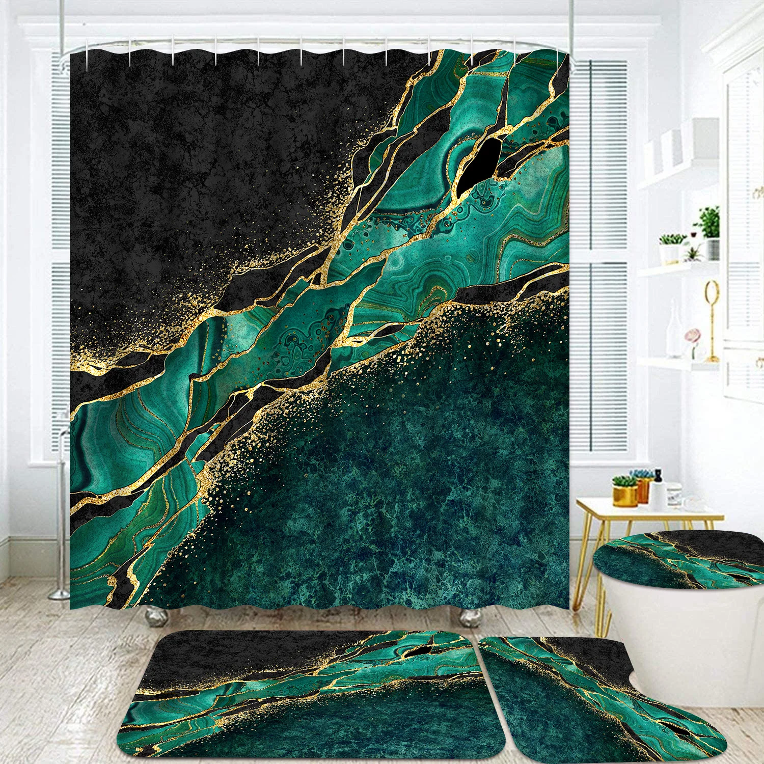 Green Golden Marbling 4pcs Bathroom Accessory Sets, Black Luxury Agate Shower Curtain and Rugs for Stylish Abstract Art Bathroom
Green Golden Marbling 4pcs Bathroom Accessory Sets, Black Luxury Agate Shower Curtain and Rugs for Stylish Abstract Art Bathroom