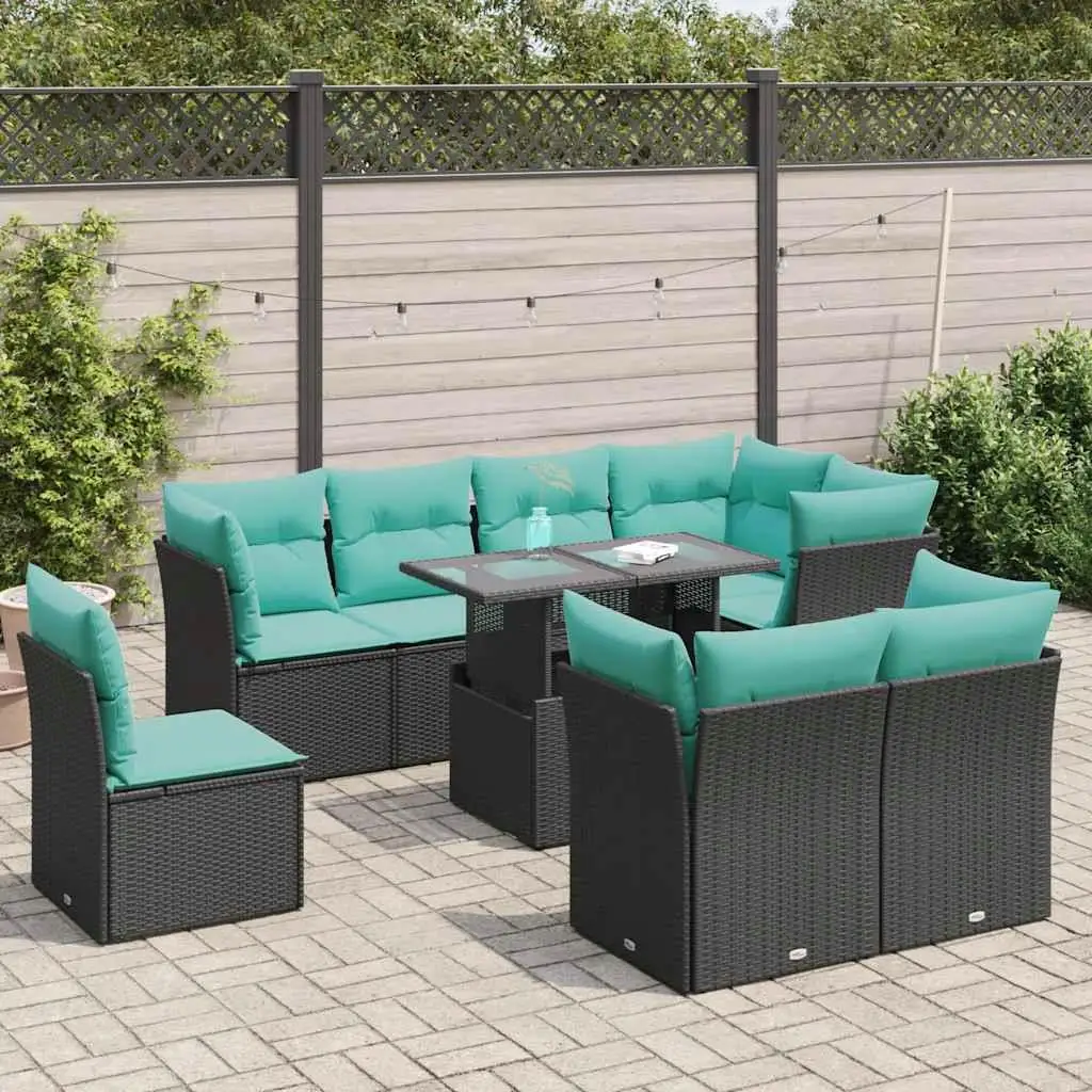 Comfortable 9 Piece Patio Sofa Set Cushioned Black Poly Rattan and Acacia Wood Outdoor Furniture
Comfortable 9 Piece Patio Sofa Set Cushioned Black Poly Rattan and Acacia Wood Outdoor Furniture