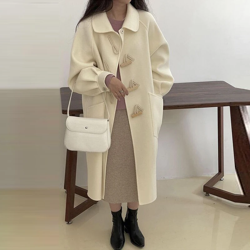 2023 Autumn Winter Women Double Sided Plush Coat Turn-down Collar Horn Button Pocket Coat Female Casual Loose Elegant Long Coat
2023 Autumn Winter Women Double Sided Plush Coat Turn-down Collar Horn Button Pocket Coat Female Casual Loose Elegant Long Coat