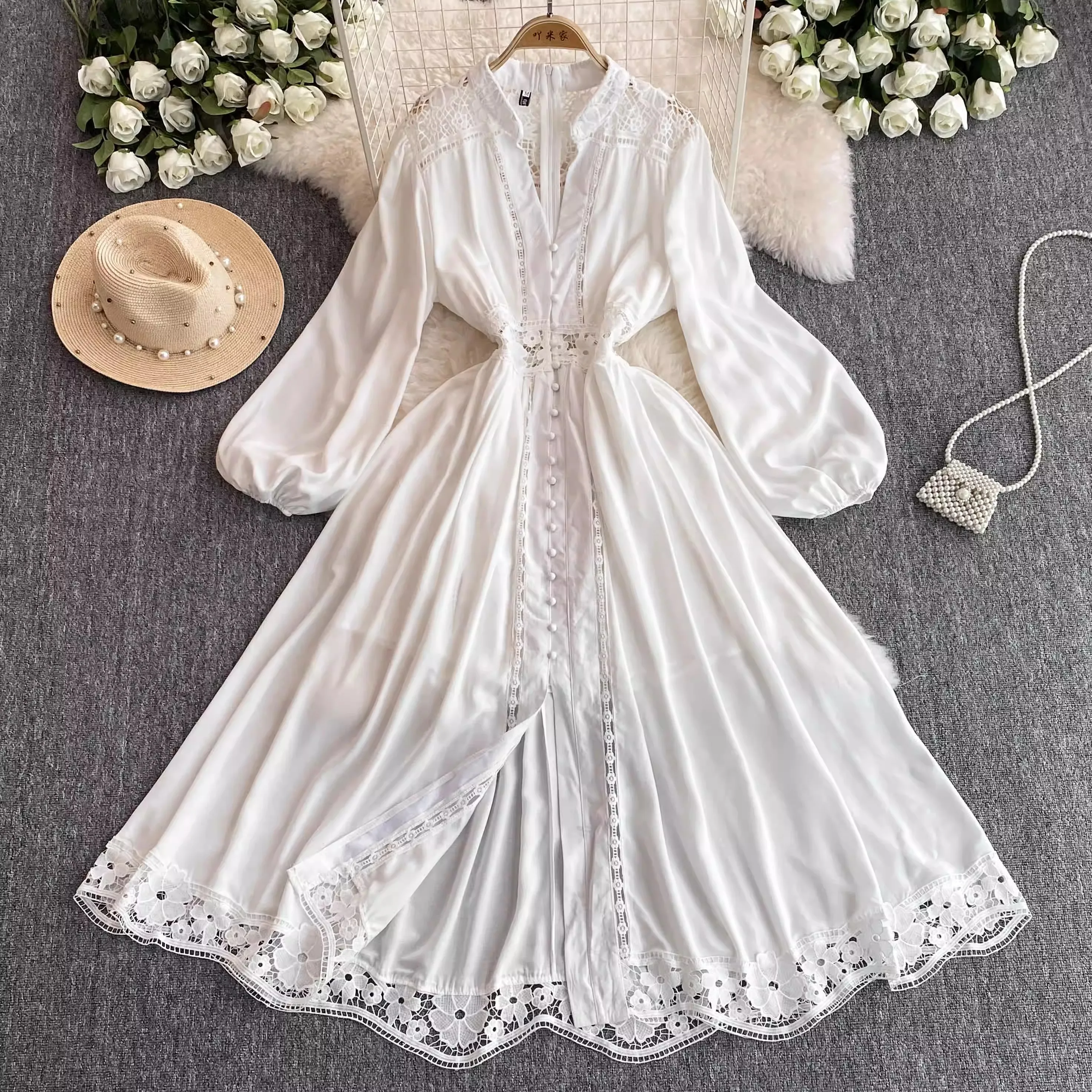 Elegant Women'S Clothing Boho Holiday Lace Hollow Out Embroidery Robes Lantern-Sleeve Solid V-Neck Maxi Dress Slim White Dresses
Elegant Women'S Clothing Boho Holiday Lace Hollow Out Embroidery Robes Lantern-Sleeve Solid V-Neck Maxi Dress Slim White Dresses