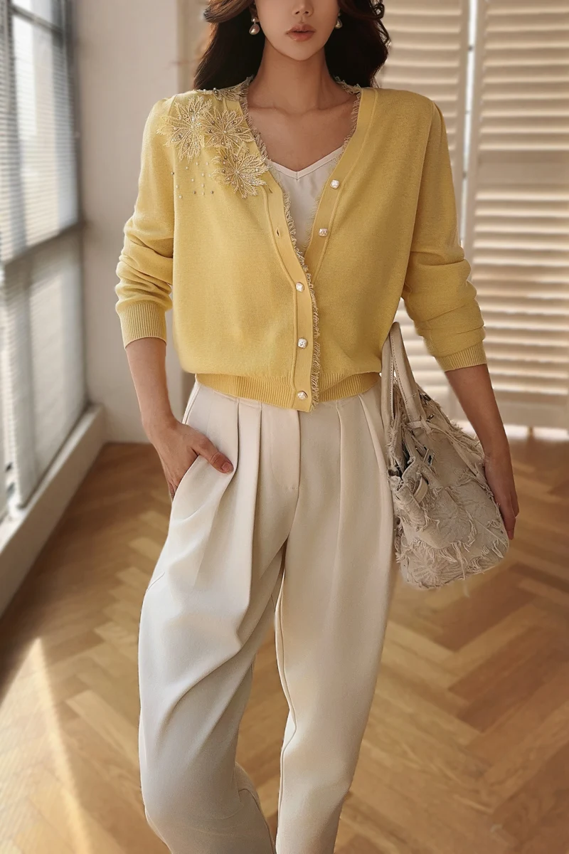 Spring Knitted Cardigans Yellow Embroidered Flares Women's Tops V Neck Preppy Style Sweater Basics 2025 New DABUWAWA DM2AZK007
Spring Knitted Cardigans Yellow Embroidered Flares Women's Tops V Neck Preppy Style Sweater Basics 2025 New DABUWAWA DM2AZK007