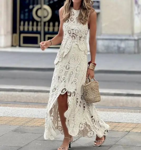 Spring and Summer Women's Skirt Set 2025 New Hollow Lace Irregular Vest Top Half Skirt Set Elegant and Sexy Retro Dress Set
Spring and Summer Women's Skirt Set 2025 New Hollow Lace Irregular Vest Top Half Skirt Set Elegant and Sexy Retro Dress Set