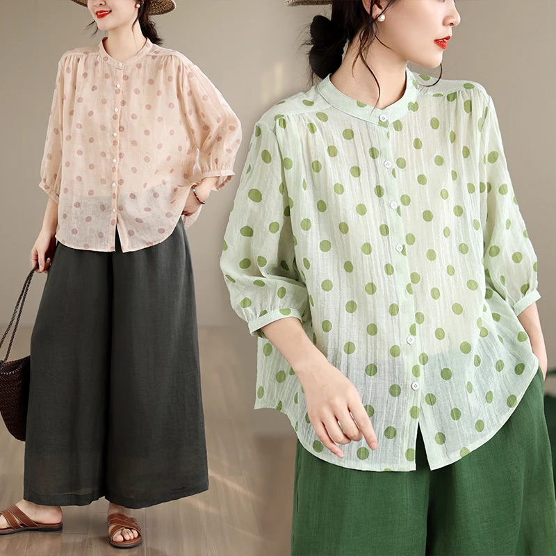 Summer New plus Size Women's Shirt Cotton Linen Short Sleeve Polka Dot Blouse Outerwear Belly Covering round Neck Open Cardigan
Summer New plus Size Women's Shirt Cotton Linen Short Sleeve Polka Dot Blouse Outerwear Belly Covering round Neck Open Cardigan